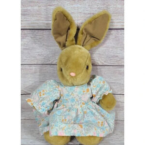 Vintage Happiness Always Plush Bunny Rabbit Stuffed Animal Brown Floral Dress
